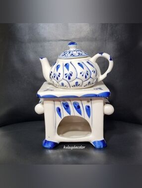 Handpainted Blue White Porcelain Teapot with Warmer Stand Vintage Tea Set